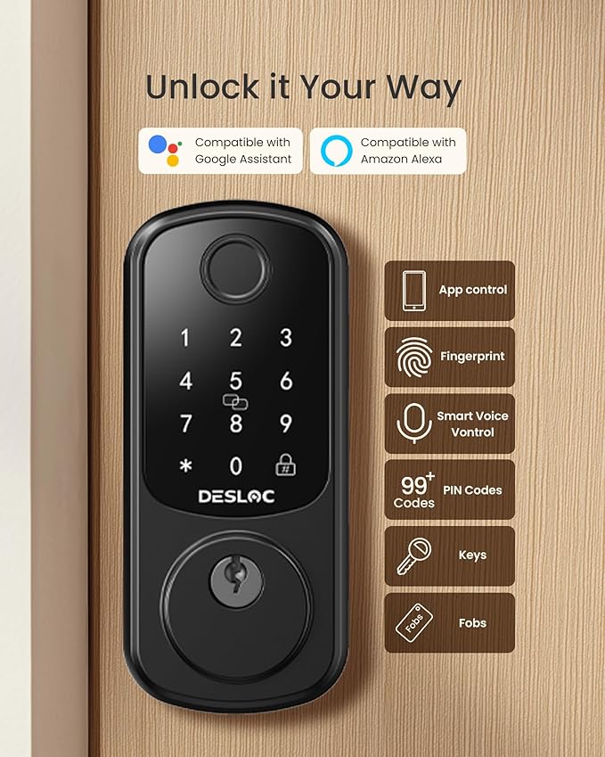 DESLOC Smart Lock B200 WiFi Version, Fingerprint Keyless Entry Door Lock, App Remote Control, Smart Locks for Front Door, WiFi Deadbolt Smart Lock, Emergency Power Port,12 Months Battery, Auto Lock