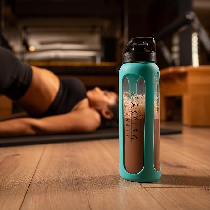 Fitness | Glass Protein Shaker | Protein Shaker | Drinking Bottle | with Spiral Ball - Aqua