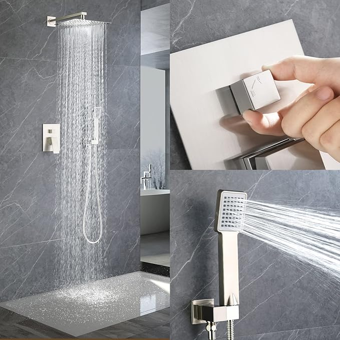 QISHENG Shower Faucet Set, 10" Rain Shower Head with Handheld Spray Combo, Wall Mounted, Brushed Nickel, Rough-in Valve and Trim Kit Included