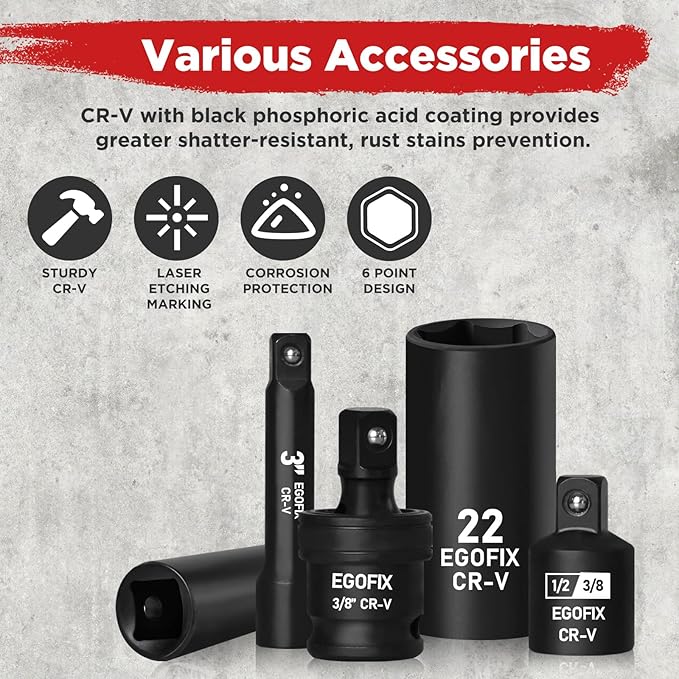3/8" Drive Impact Socket Set, 90 Piece Metric Socket (6-22mm) and Standard SAE Size (5/16-15/16 inch) 6 Point, with 72-Teeth Ratchet Wrench, Mechanics Tool Kit for Automotive Repair