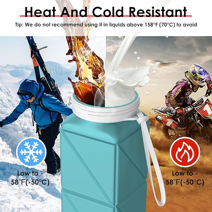 Foldable Water Bottle for Travel Cycling Gym Camping Sports,Leakproof Lid,Food Grade BPA-Free Silicone Travel Bottles 610ml -Lightweight 21oz Portable,Wide Mouth ,Durable,Collapsible Water Bottle