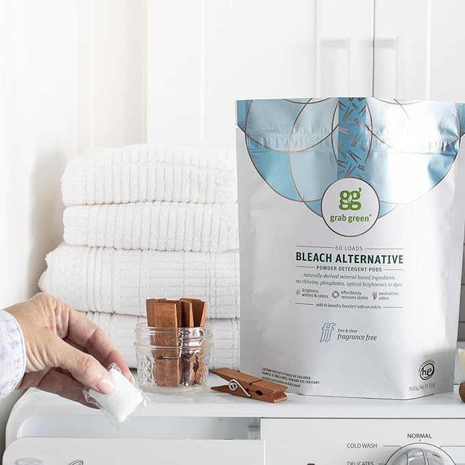 Grab Green Bleach Alternative Pods, 24 Count, Chlorine Free, Fragrance Free, Plant and Mineral Based, Laundry Booster to Brighten Whites, Removes Stains, Neutralizes Odors