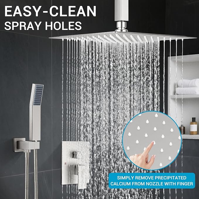 Ceiling Mount Shower Faucet Set Square Showerhead Bathroom Rainfall Shower System Stainless Steel Shower Trim Kit 10 Inches (Brush Nickel)