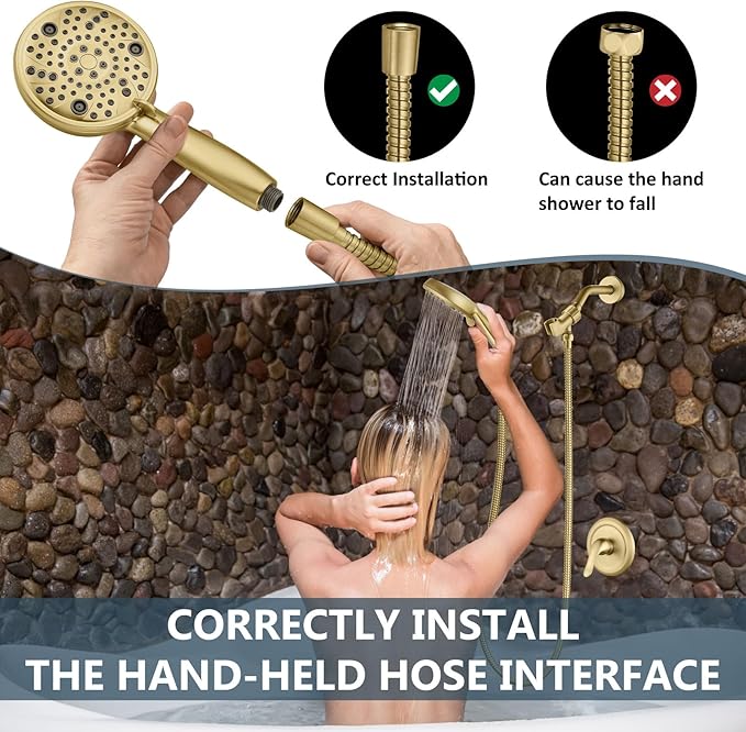 Aolemi Shower Faucet Set Rain Shower Head System Shower Trim Kit Pressure Rough-in Valve Included ABS 8 Setting Single Handheld Spray Brushed Gold