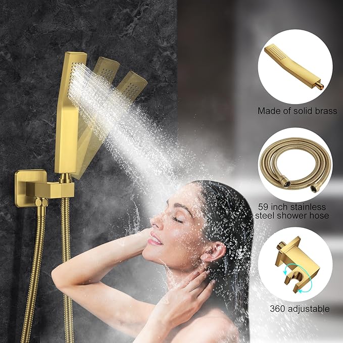 NERDON Shower System, 12 Inch Brushed Gold Shower Faucet Set with Rain Handheld, Wall Mounted Shower Faucet sets Complete for Bathroom Shower Fixtures Rough in Valve Body and Trim Kit