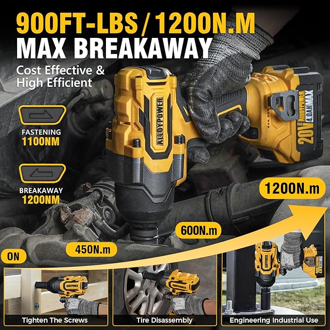 Cordless Impact Wrench, 900Ft-lbs (1200N.m) 1/2" Brushless Impact Gun, 20V High Torque Power Impact Driver, 2x4.0Ah Batteries,Brushless Motor 2400 RPM Variable Speeds for Family Car/Pickup Truck/Mower