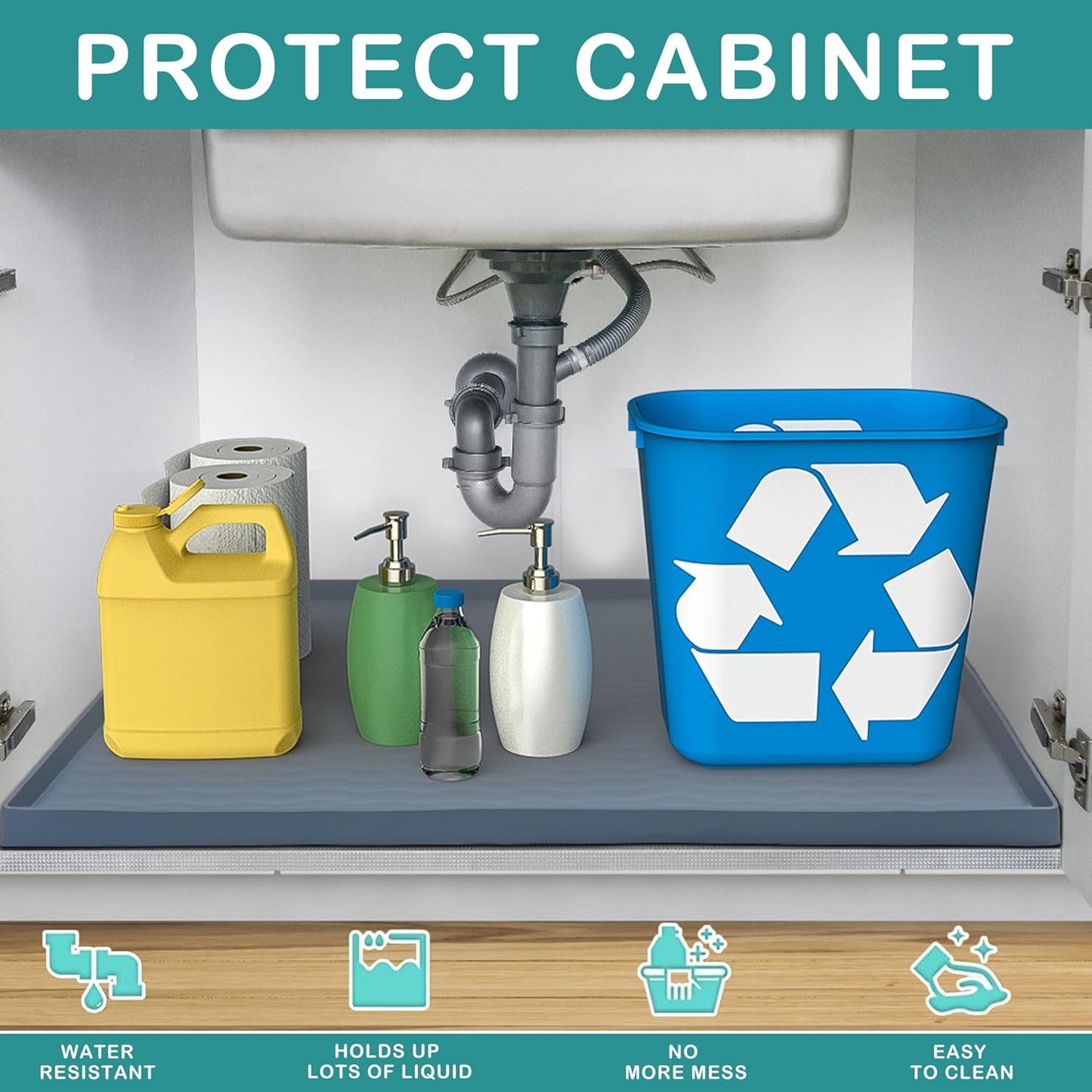 URMONA Waterproof Silicone Under Sink Mat 16'' x 10'' Shelf Liner for Kitchen and Bathroom, Cabinet and Counter Protector, Storage and Organizers, Litter Mat, Pet Cat Puppy Essentials(Black)