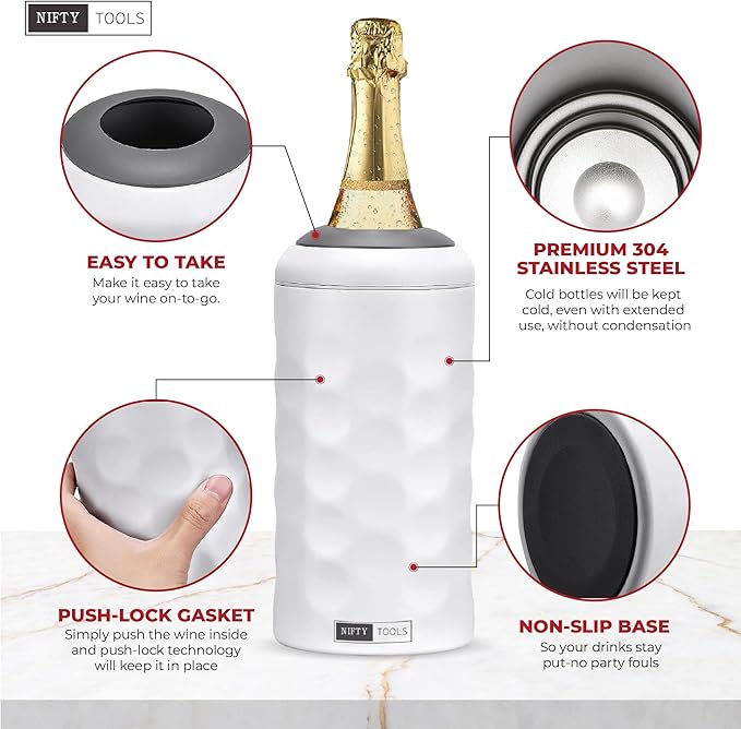 Portable Double Wall Insulated Vacuum Stainless Steel Wine Champagne Bottle Chiller Gift Set w/two tumblers (White)