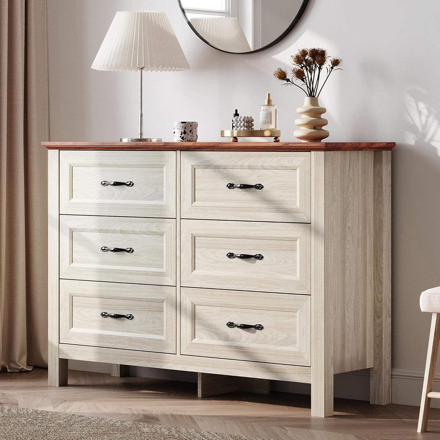 LINSY HOME Farmhouse 6 Drawers Dresser, White Wood Dresser for Bedroom Wide Chest of Drawers, French Country Storage Double Dressers Organizer for Bedroom, Living Room