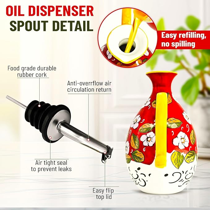 Hand-Painted Ceramic Olive Oil Dispenser Bottle – 40oz Decorative Stoneware Cruet with Stainless Steel Pour Spout – Elegant Kitchen Oil & Vinegar Container, Ideal for Coffee Syrups & More
