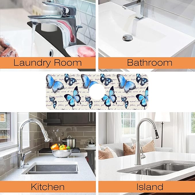 Kitchen Sink Splash Guard Faucet Mat Butterflies Hand Written Text Sink Splash Guard Behind Faucet,1 PC Soft Diatom Mud Non-Slip Mat-for Kitchen,Dish Drying Mat,Bathroom Faucet Mat 15.5"X5.5"