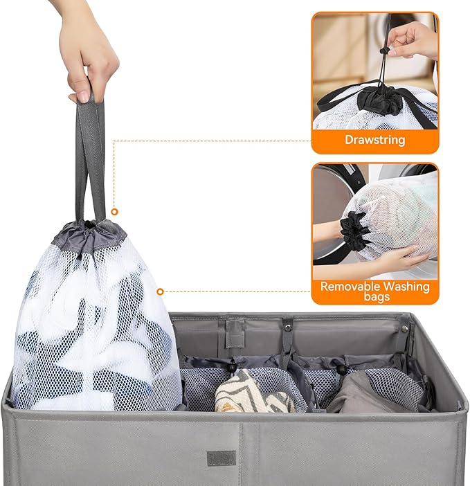 WOWLIVE Laundry Hamper with Lid,160L Large Laundry Basket 3 Section with Removable Washing Bags,Collapsible Waterproof Dirty Clothes Hamper for Laundry Room Bathroom Dorm,Grey