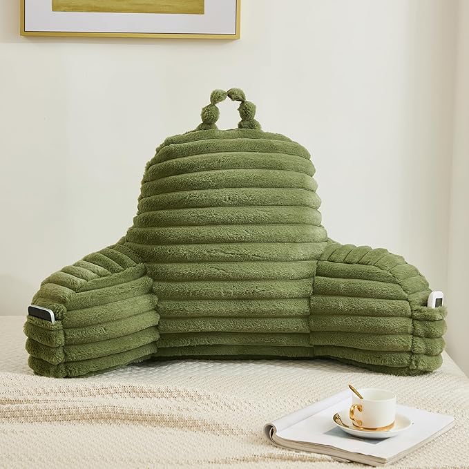 Faux Fur Fluffy Sage Reading Pillow with Pockets, Luxury Striped Plush Decorative, Arm Rests and Back Surport for Bed Rest, Lounging on sofa, Large