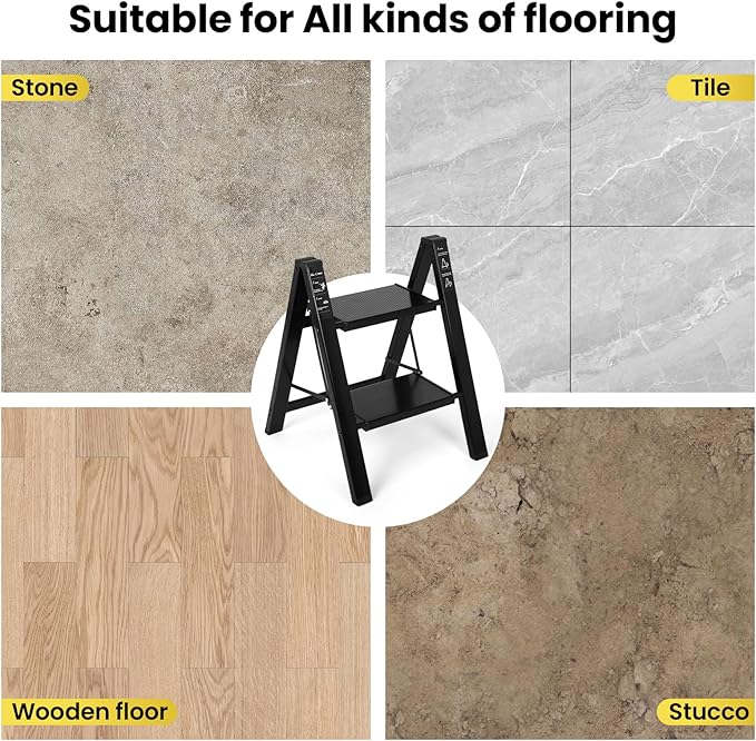 FAHKNS 2 Step Ladder, Aluminum Light Folding 2 Step Stool with Non-Slip Wide Pedal (7.9Inch), 330Lbs Capacity Stepping Stool, Step Ladder 2 Step Folding for Office,Household,Kitchen, Black