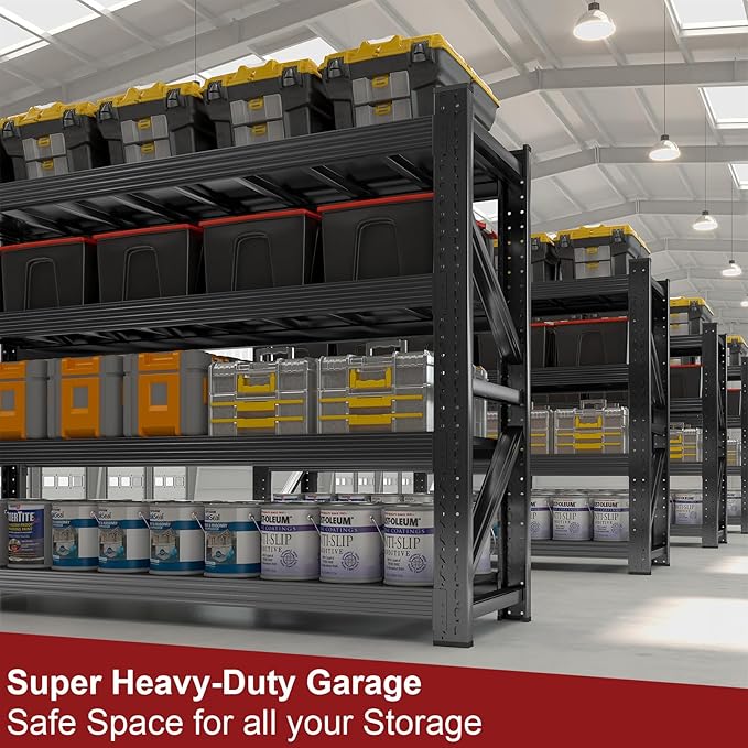 71” W 3000LBS Storage Shelves 4 Tier Garage Shelving, Heavy Duty Adjustable Metal Shelves Unit, Easy Assembly Shelving for Industrial, Warehouse, Basement, 71" W x 24" D x 71" H, Black