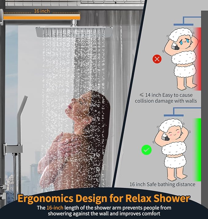SR SUN RISE Polished Chrome Square Rainfall Shower Head and Handle Set, Wall Mounted Shower Fixtures, Metal Shower Faucet Trim Repair Kits (With Shower Valve) 16 Inches