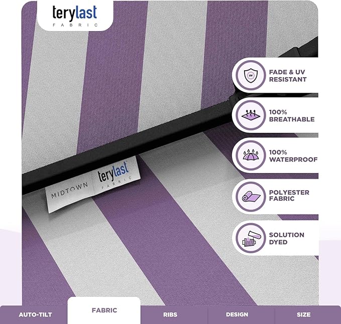 Midtown Umbrellas 10-Year-No-Fade - 9 Ft - UV Proof Purple Stripe Polyester Fabric - Umbrella Outdoor Patio, Auto-Tilt Aluminum Frame Patio Umbrella for Garden, Pool & Deck - Black Pole