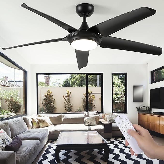 DWVO 56" Ceiling Fan with Light and Remote, Indoor Ceiling Fan Reversible Light Fixtures, 5 Blade Ceiling Fan with Memory 3 Color Temperature, 6 Speed Quiet DC Motor for Bedroom Living Room, Black