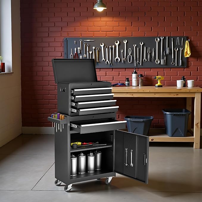 Rolling Tool Chest 5 Drawers Tool Box Garage Storage Cabinet Steel Frame 2 in 1 Tool Cart with Universal Lockable Wheels, Detachable Top and Adjustable Shelf for Garage, Black
