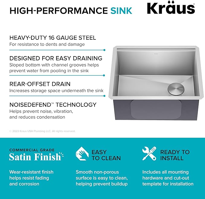 KRAUS Kore 23-Inch Undermount Workstation 16 Gauge Single Bowl Stainless Steel Kitchen Sink with Accessories, KWU111-23