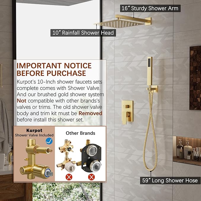 Gold Shower System, 10'' Square Rainfall Shower Head with Handheld Combo Spray, Bathroom Brushed Gold Shower Faucet Set with Valve, 59'' Shower Hose, Shower Trim Kit and Diverter, Wall Mounted