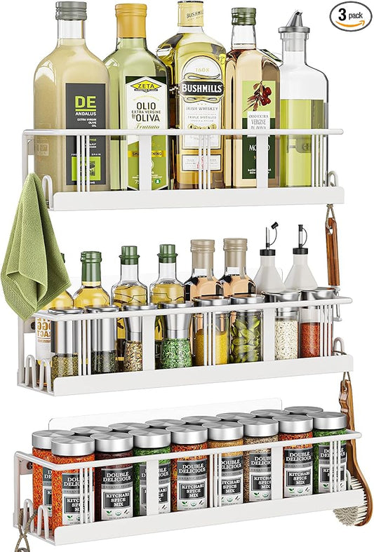 Spice Rack Wall Mounted 3 Pack, Space-Saving Spice Organizer for Spice Jars and Seasonings,Screw or Adhesive Hanging Spice Rack Organizer for Your Kitchen Cabinet,or Pantry Door White