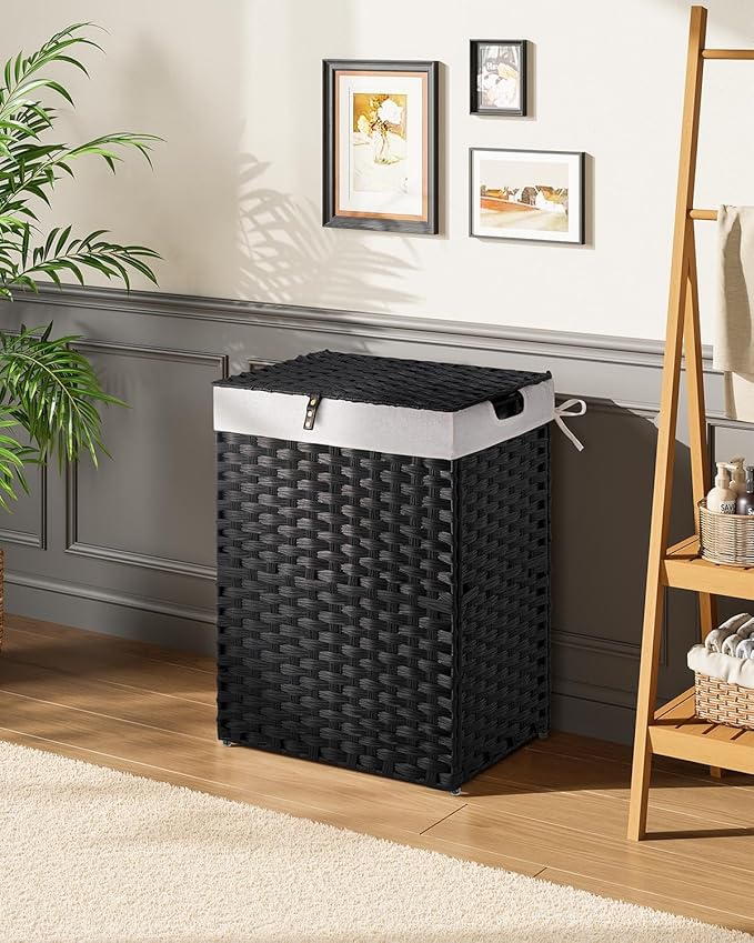 Greenstell Laundry Hamper with 2 Removable Liner Bags, Foldable Divided Clothes Hamper, 90L Handwoven Synthetic Rattan Laundry Basket with Lid and Handles, Easy to Install Black 18.3x13.3x24 Inches