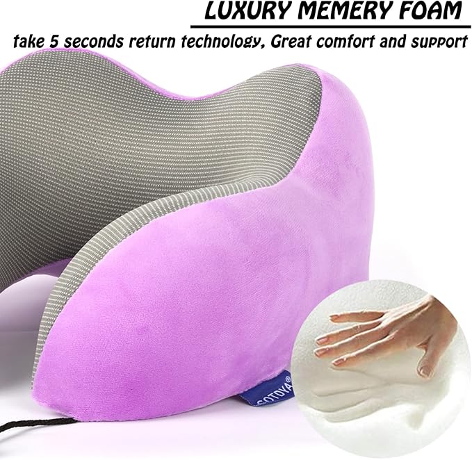 GOTDYA Travel Pillow,Travel Neck Pillows for Sleeping,100% Pure Memory Foam Soft Comfort & Support Pillow for Airplane/Car/Office&Home Rest Use-Violet