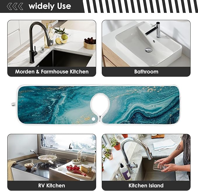 Blue Marble Golden Glittery Faucet Water Catcher Mat 2 Pack Tie Dye Drying Mat Absorbent Bathroom Faucet Handle Drip Catcher Tray Bar RV Kitchen Sink Splash Guard 30x5 Inches