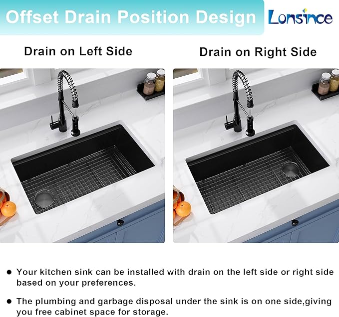 Black Undermount Kitchen Sink,16 Gauge Stainless Steel Sinks,Single Bowl Workstation Sink,Modern Kitchen Sink Offset Drain (30" X 18")