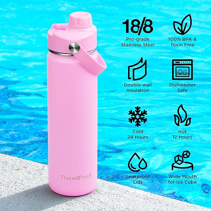 ThermoProof Hot & Cold Insulated Stainless Steel Water Bottle, Durable Leak Proof Gym Bottles for Men, Women & Kids, Double Walled Vacuum Bottles - 2 Lids (Pink, 22oz)