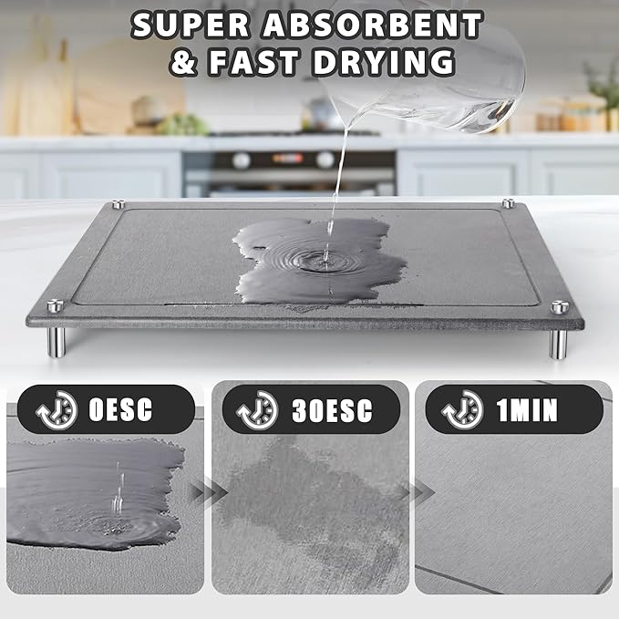 Stone Drying Mat for Kitchen Counter，IPOW Diatomaceous Dish Drying Mats Superb Absorbent，Heat-ResistantFast Drying Stone Mat Kitchen with Non-Slip Stainless Steel Feet（Gray）