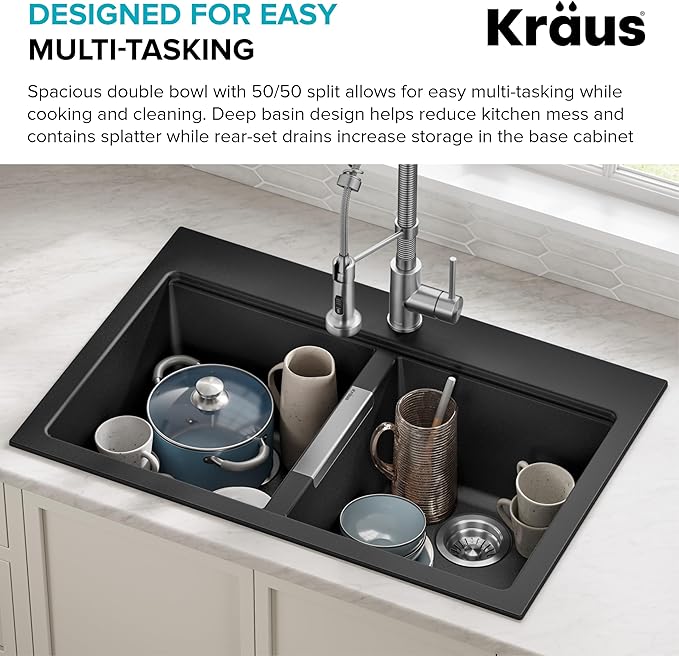KRAUS Quarza 33-inch Drop-In/Undermount 50/50 Double Bowl Granite Kitchen Sink in Black Onyx, KGD-433B