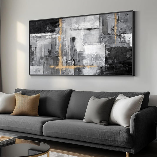 Framed Extra Large Abstract Wall Art for Living Room, Modern Horizontal Gray Canvas Prints Paintings Artwork for Walls, Black Grey Pictures for Hallway DiningRoom Bedroom Office Wall Decor Big Size 30x60 In