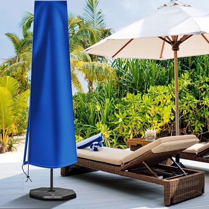 OKPOW Patio Umbrella Cover for 9ft to 12ft Outdoor Umbrellas - 420D Waterproof Garden Market Umbrella Cover Outside Parasol Covers with Zipper for Deck Pool Beach Umbrellas, Royal Blue