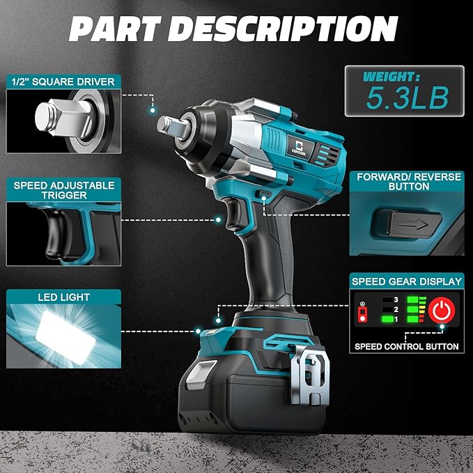 Cordless Impact Wrench 1/2 inch Compatible with Makita 18V Battery Brushless High Torque Impact Driver Gun with 1000 Ft-lbs Torque, LED Work Light, Ergonomic Design for Heavy-Duty