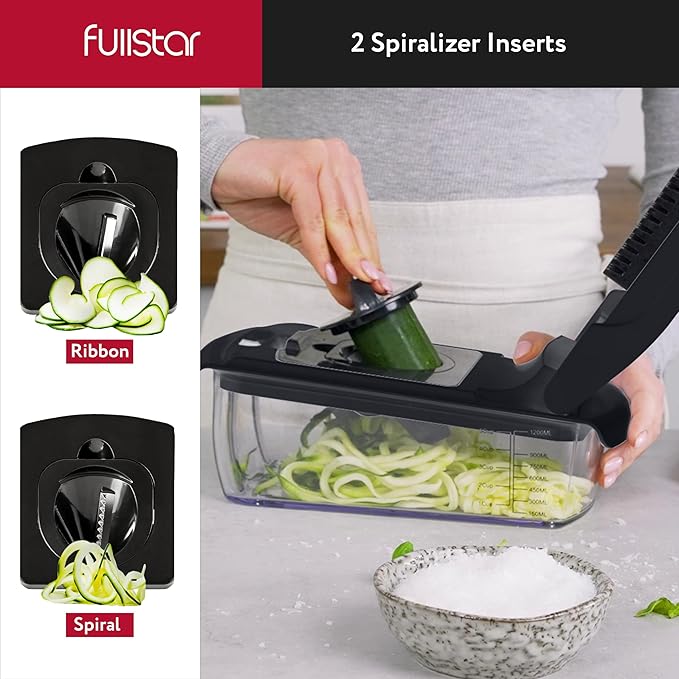Fullstar Vegetable Chopper - Food Chopper - Onion Chopper - Vegetable Slicer & Spiralizer - Veggie Chopper with Container - Kitchen Gadgets - Home Essentials - Kitchen Accessories (8 in 1, Black)