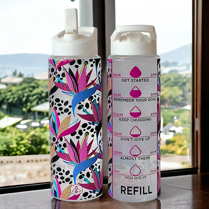 Biddlebee 32oz. Hydration Tracker Water Bottles with Times To Drink | Big Motivational Water Bottle with Time Marker, Straw Lid, & Measurements | BPA-Free