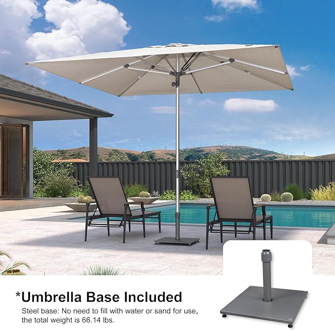 PURPLE LEAF 10 X 10 FT Semi-Auto Outdoor Patio Umbrella with Base Market Table Sun Umbrellas with 8 Aluminum Sturdy Ribs for Backyard Deck Garden Pool (Silver Pole Beige Canopy)