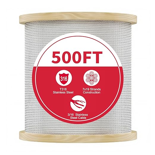 500FT 3/16 Stainless Steel Cable for Deck Railings System 7 x 19 Strand Construction Aircraft Cable for Rail Deck and DIY Balustrade