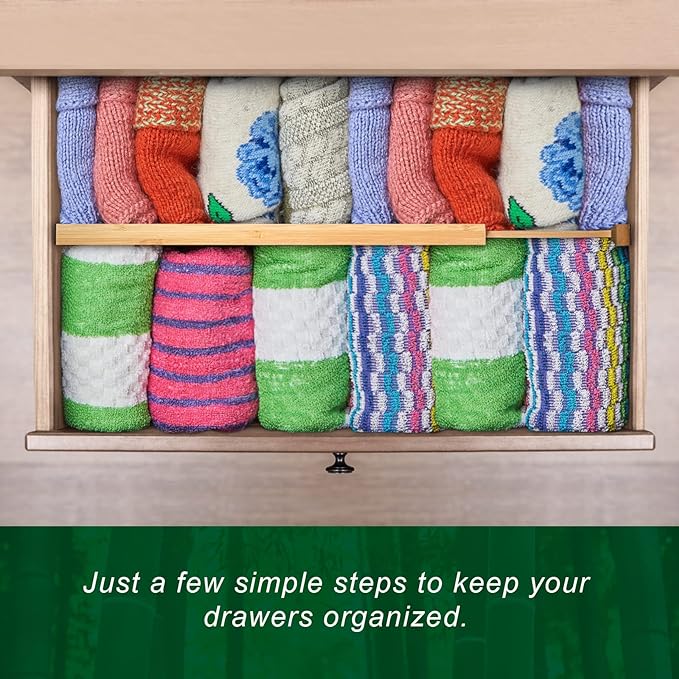 Bamboo Drawer Dividers Organizer with Inserts, Expandable from 12.5-21.7", Adjustable Drawer Organizer Separators for Utensils, Dresser, Bedroom, Bathroom, Closet, Clothing, Office (Beige)