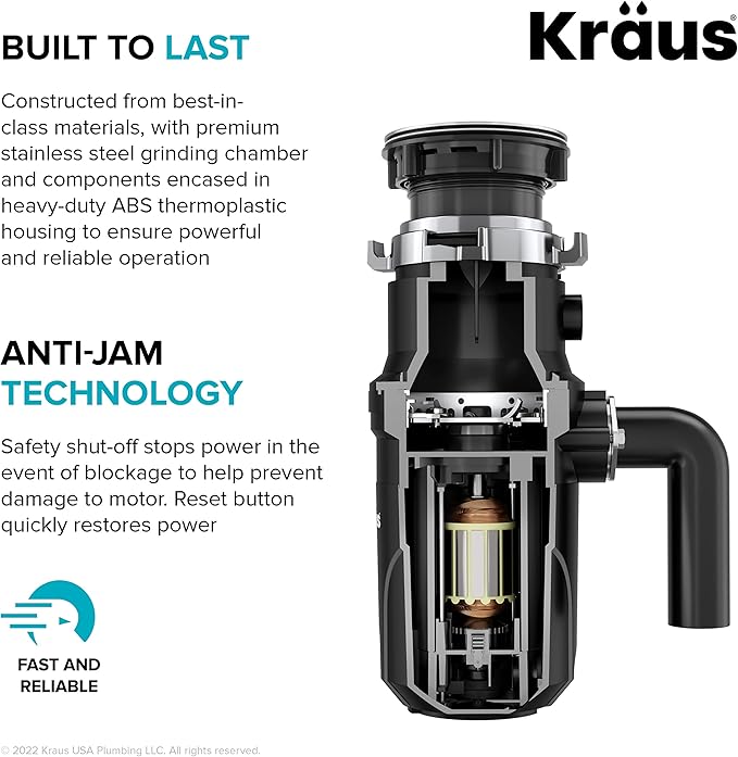 KRAUS WasteGuard 1/3 HP Ultra-Quiet Garbage Disposal with Quick Connect, Kitchen Sink Drain Cover, Power Cord and Flange Included, KWD100-33MBL