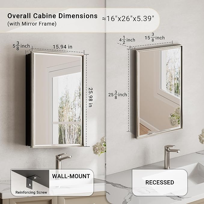 Brushed Nickel Medicine Cabinet, 16''x 26'' Recessed or Surface Framed Medicine Cabinet with Beveled Mirror Pre-Assembled, Reversible Bathroom Storage Vanity Cabinet with Adjustable Shelves