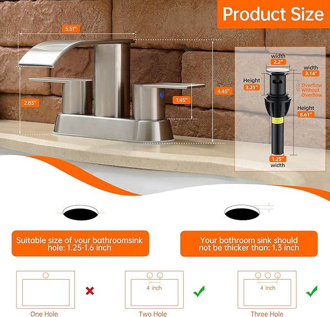 Waterfall Bathroom Sink Faucet 4 Inch Brushed Nickel Faucet Bathroom with Pop Up Drain 2 or 3 Holes Bathrooms Basin Lavatory Mixer Tap with Deck Mount Plate