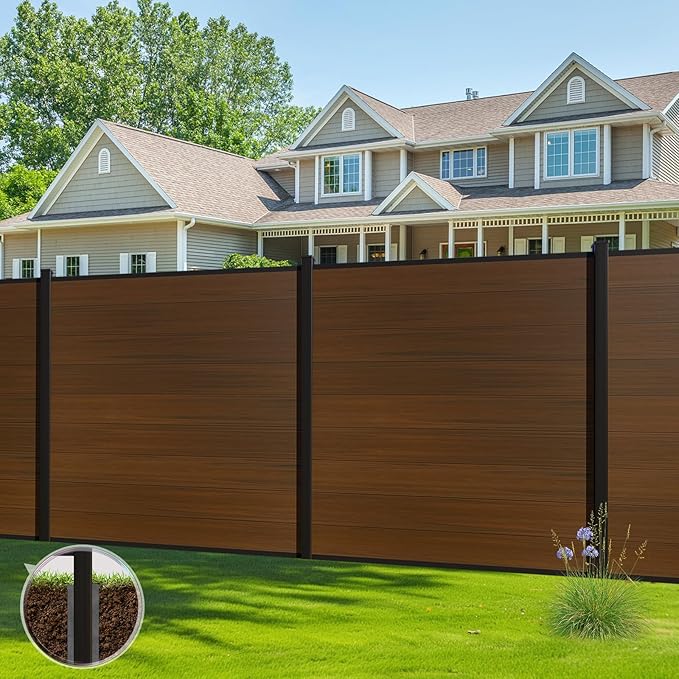 6 Feet×6 Feet Privacy Fence, Outdoor Wood Plastic Composite Fence Panel, Waterproof Security Barriers Fencing (Brown with Two 7.6FT Posts)