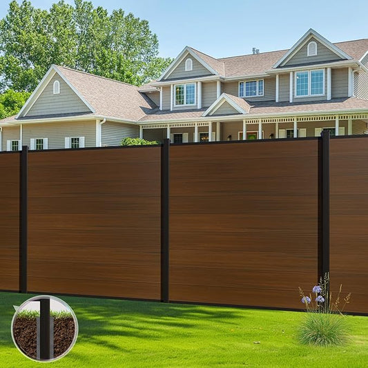 6 Feet×6 Feet Privacy Fence, Outdoor Wood Plastic Composite Fence Panel, Waterproof Security Barriers Fencing (Brown with Two 7.6FT Posts)