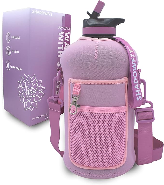 Half Gallon Water Bottles (74 ounce, 2.2 Liter) with Straw Lid Handle and Storage Sleeve - Large Jug Holder with Strap for Drinking during Workout and Exercise