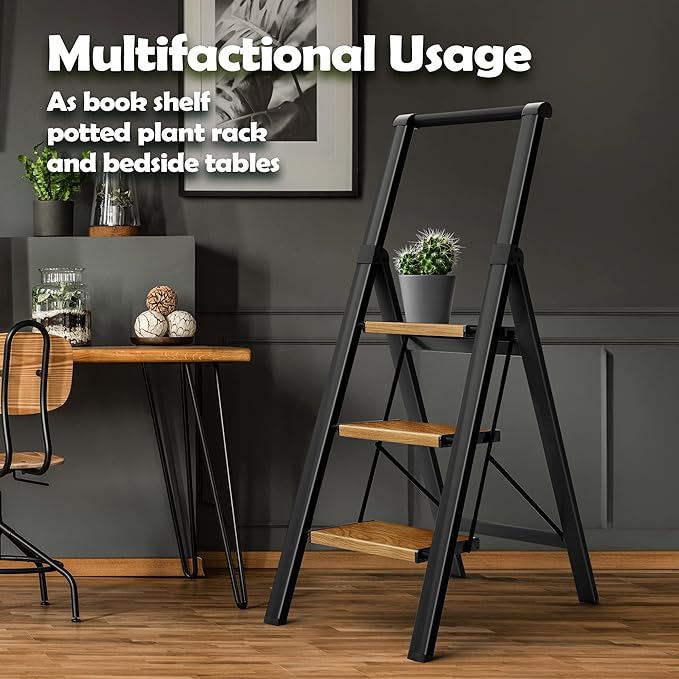 Taranta 3 Step Ladder, Portable Folding Ladder with Wide Pedal, Lightweight Aluminum Step Stool with Convenient Handgrip, 330 lbs Capacity Stepladder for Home, Office - BlackWoodgrain