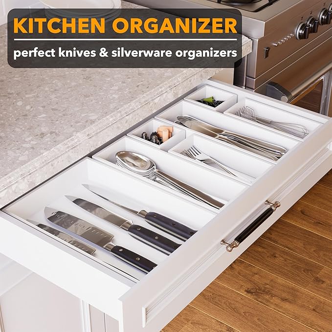 SpaceAid 7-Piece Bamboo Drawer Organizer Storage Boxes Set, Wood Tray Junk Drawer Organizers Multi-Use Divider Bins for Kitchen, Bathroom, Office Desk and Makeup Organization (7 Pack, White)