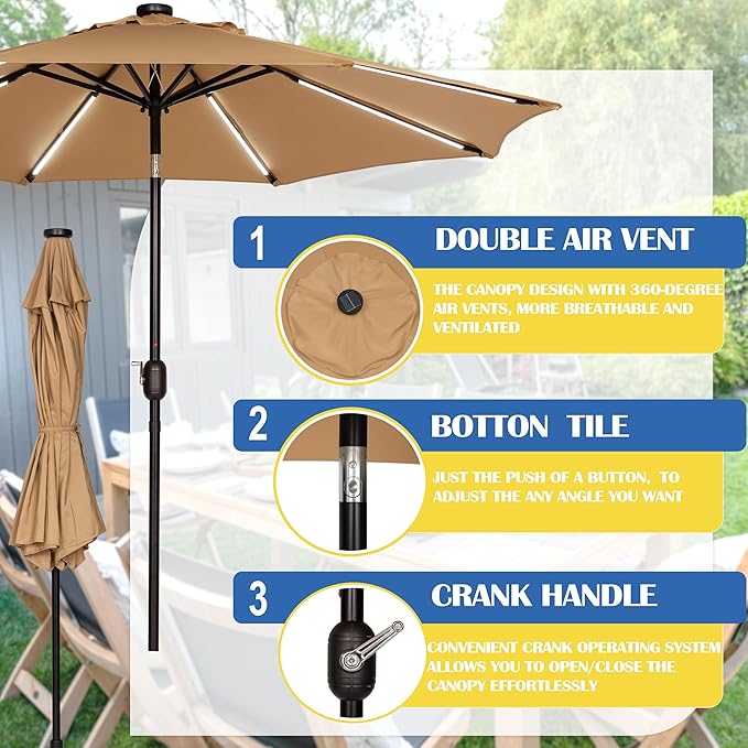 Sunnyglade 9FT Outdoor Solar LED Lighted Patio Umbrella with 8 LED Strip Lights & 8 Ribs, Convenient Crank Lift System